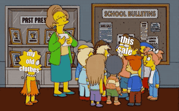 gif from simpsons showing classmates and mrs krabopple chanting and celebrating nelson with the caption &quot;this sale&quot; on his face, while lisa looks on looking sad with the caption &quot;my old clothes&quot; 
