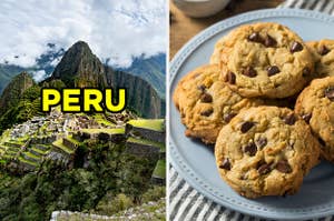 On the left, Machu Picchu labeled "Peru," and on the right, a plate of chocolate chip cookies