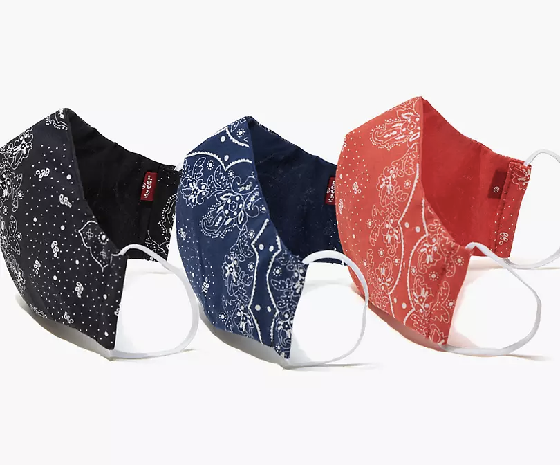 black, navy, and red masks with paisley designs 