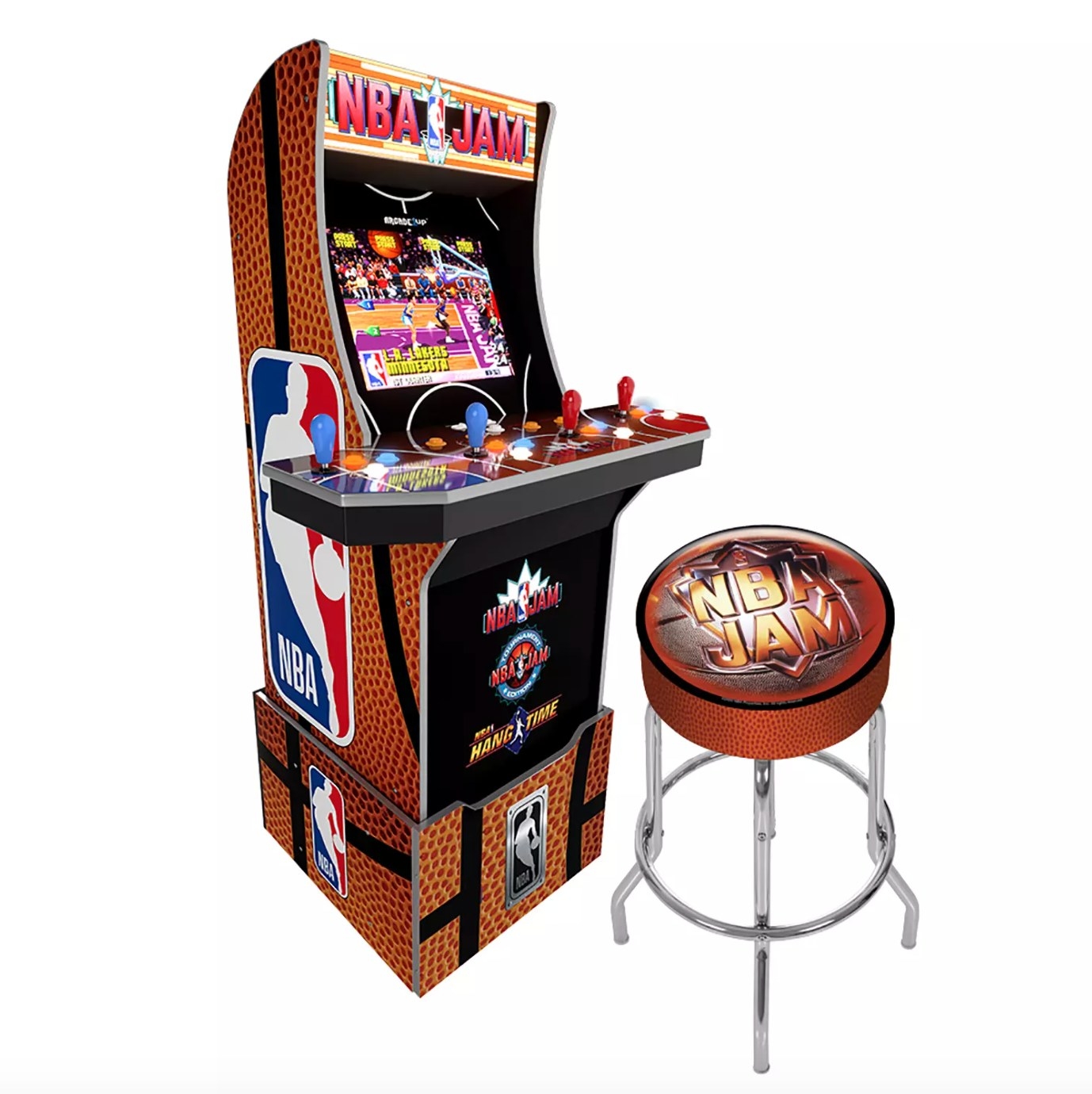 The NBA jam deluxe arcade game with a stool