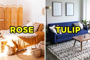 On the left, a sunny, bohemian-style bedroom with woven blankets and wicker baskets labeled "rose," and on the right, a modern, clean living room with a couch, coffee table, and rug labeled "tulip"