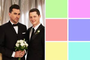 David and Patrick getting married on Schitts Creek and a pastel color grid