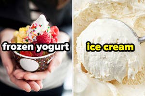 A cup of frozen yogurt with toppings next to a big scoop of vanilla ice cream