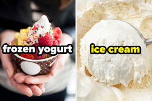 A cup of frozen yogurt with toppings next to a big scoop of vanilla ice cream