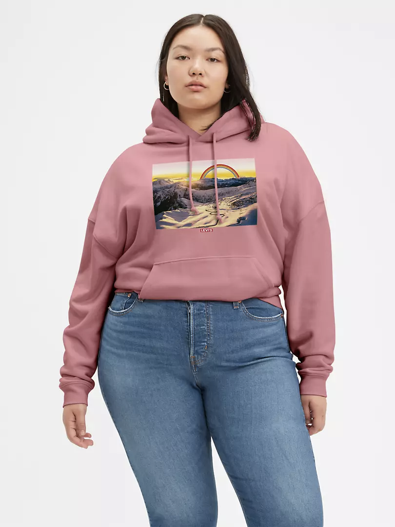 hoodie with photo of ski slopes with sunset and cartoon rainbow 