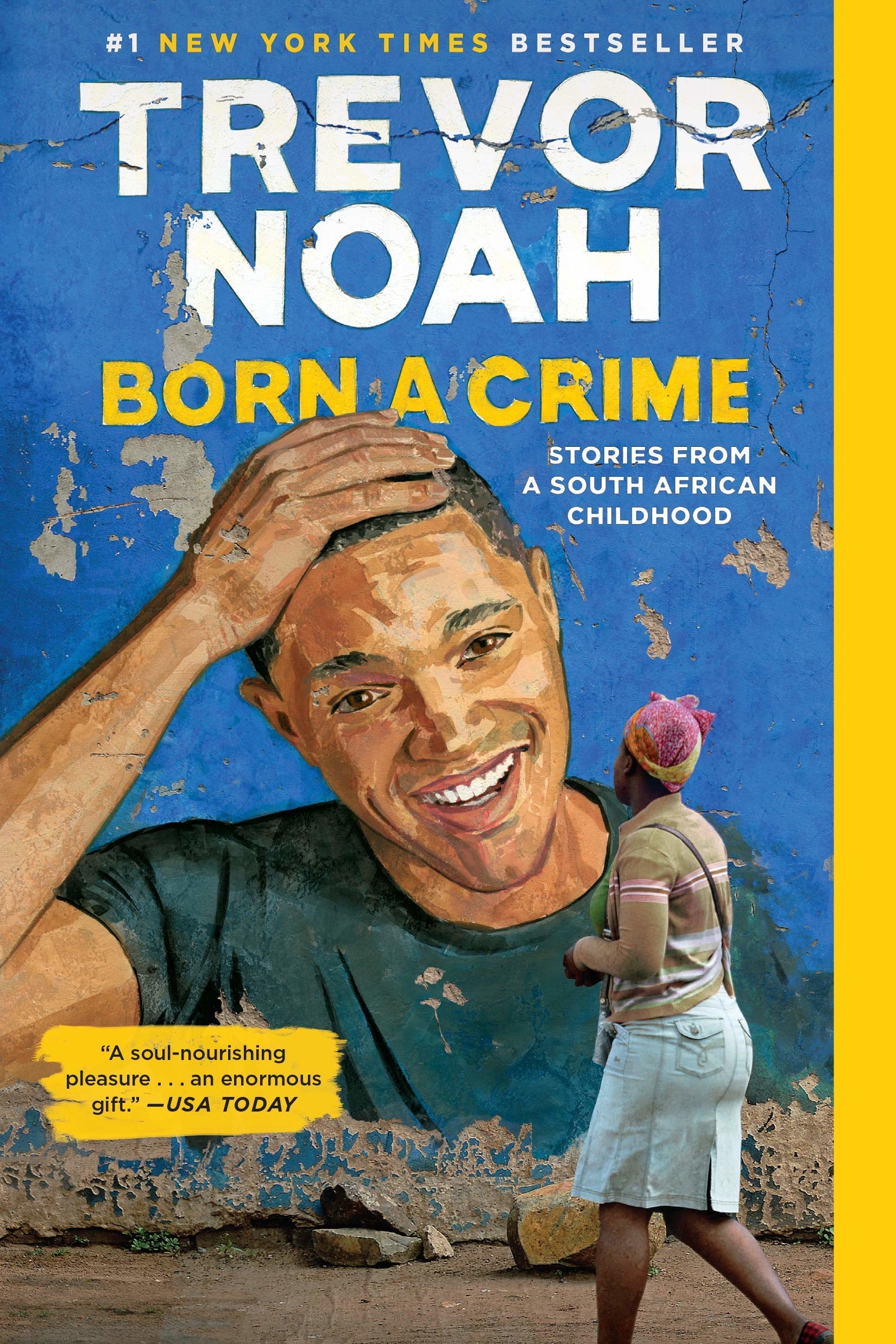 Photographed cover of person looking at mural of Trevor Noah on a wall