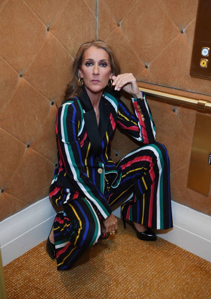 Celine Dion crouching down in an elevator while wearing a rainbow striped jumper in 2019