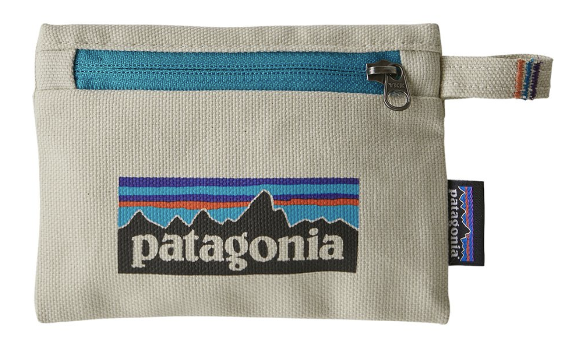 An ivory small pouch with a blue zipper and a patagonia logo 