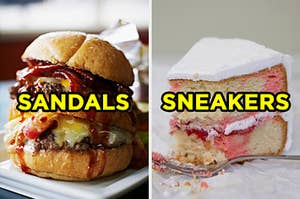 On the left, a double bacon cheeseburger labeled "sandals," and on the right, a strawberry and vanilla marble cake with cream cheese frosting labeled "sneakers"