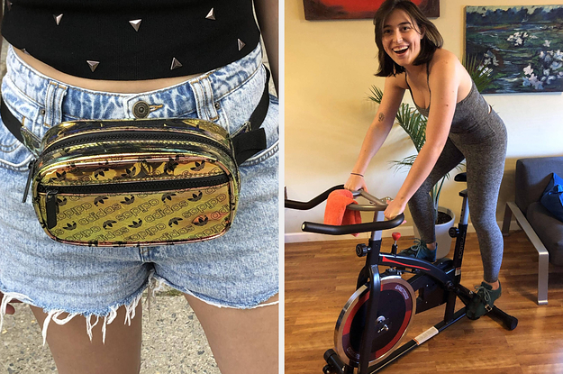 on the left a gold adidas waist pack, on the right the writer on a stationary exercise bike