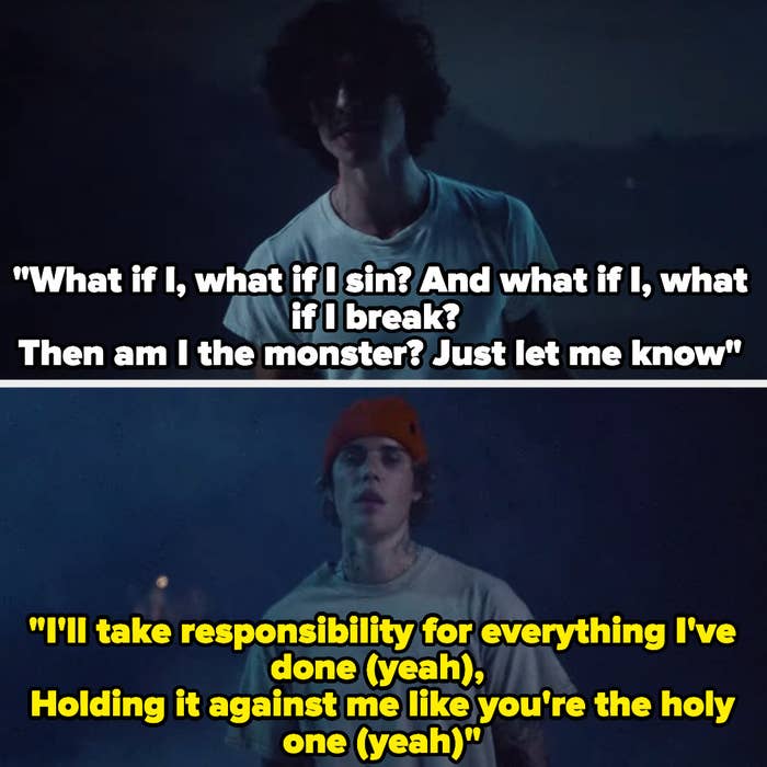 Shawn Mendes and Justin Bieber singing in the Monster music video