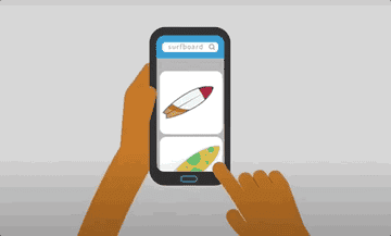 Animated GIF of hand scrolling through surfboards on online store.