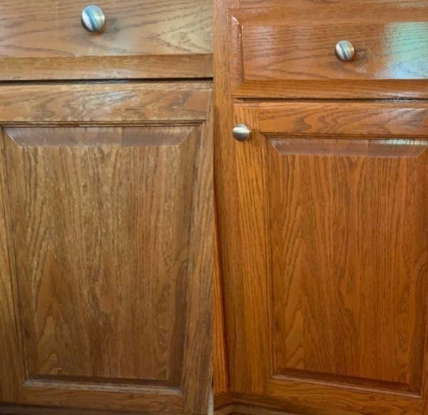 On the left, a reviewer&#x27;s wooden cabinet looking old and dirty, and on the right, the same reviewer&#x27;s wooden cabinet, now looking brighter and cleaner