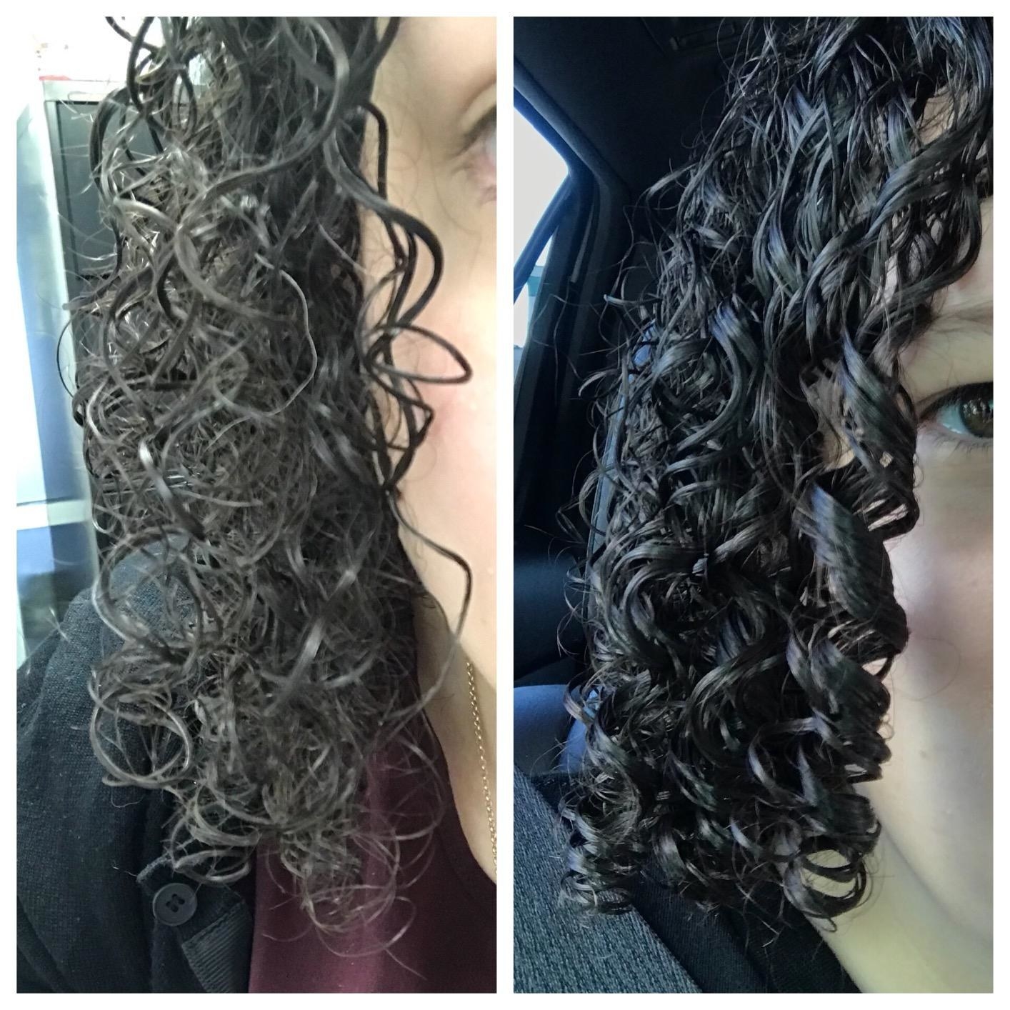 a reviewer showing the before and after of using the brush and their curls are still in tact