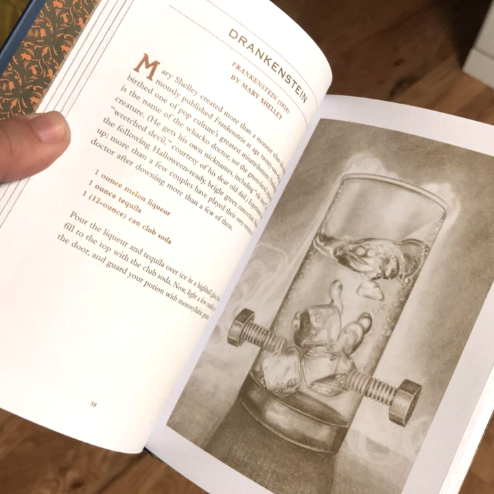 inside of the book with a recipe and illustration of "Drankenstein"