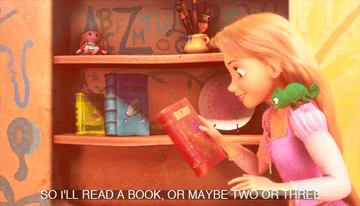Rapunzel grabbing books and singing &quot;so i&#x27;ll read a book, or maybe two or three 