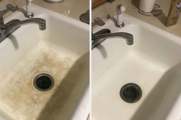 On the left, the bottom of a sink looking dirty, and on the right, the same sink now looking clean
