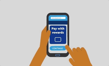 Animated GIF of hand tapping &quot;Pay with Rewards&quot; box. 