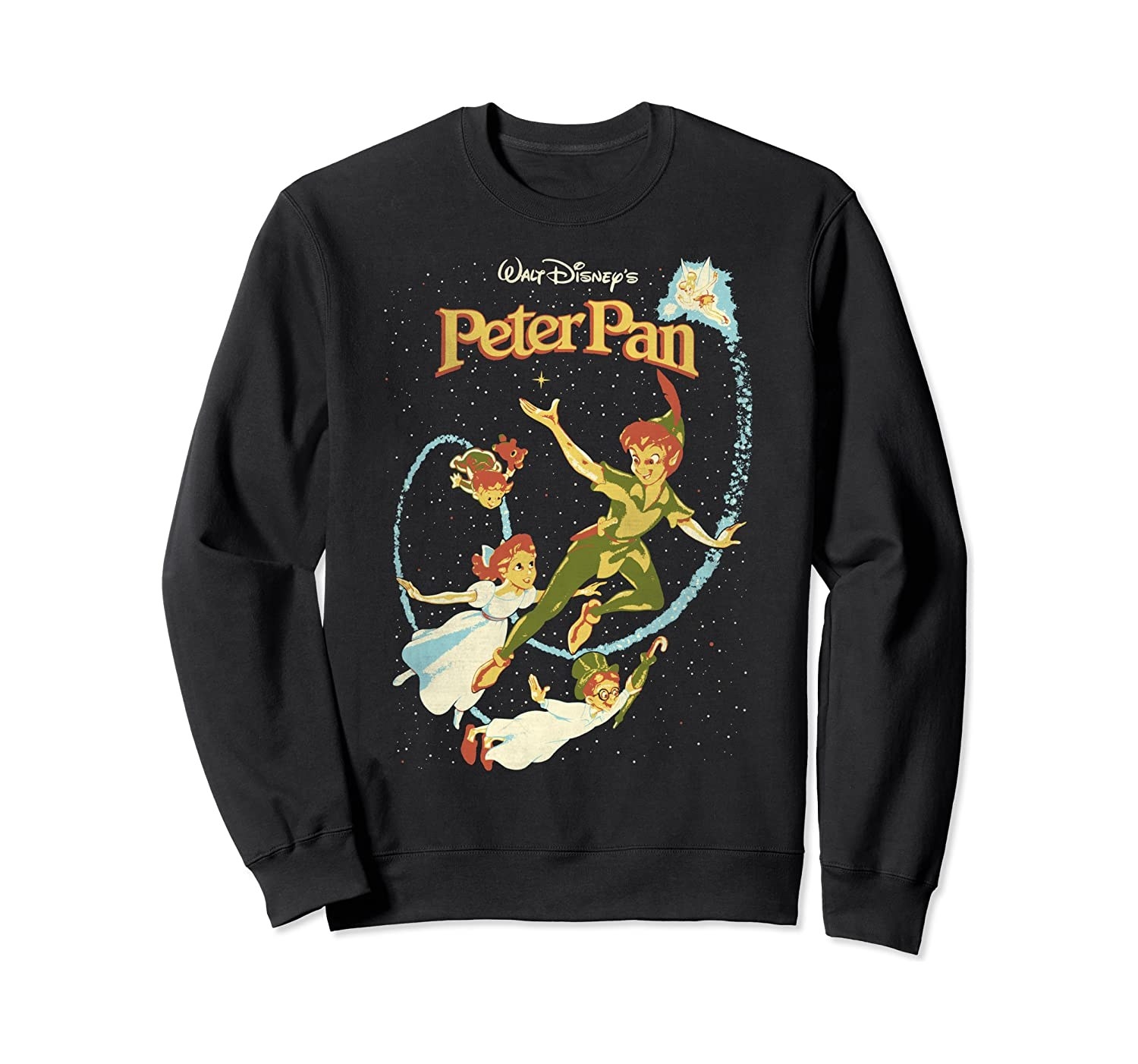 a black long sleeve sweatshirt with peter, wendy, john, and michael flying with tinkerbell above sprinkling pixie dust