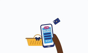 Animated GIF of hand tapping a &quot;Pay with Rewards&quot; button and items falling into a basket