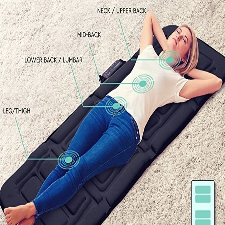 A model laying on the massaging mat with texting pointing to different massaging points that reads "Neck/upper body", "Mid-back", "Lower-back/lumbar", and "Leg/thigh"