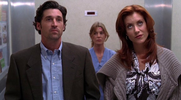 Meredith, Addison, and Derek in an elevator 