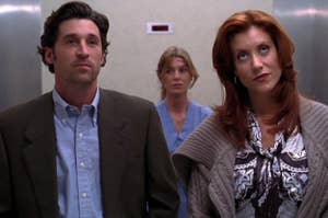 Meredith, Derek, and Addison awkwardly standing in an elevator 