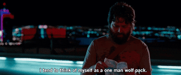 Alan (Zach Galifinakis) saying, &quot;I tend to think of myself as one-man wolf pack,&quot; in the Hangover