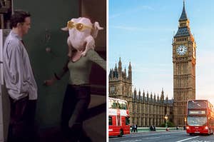 Monica dancing with a turkey on her head for Chandler next to Big Ben
