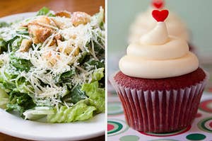 On the left, a Caesar salad, and on the right, a red velvet cupcake