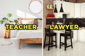 On the left, a simple bedroom with a bed, plant, and circular mirror on the wall labeled "teacher," and on the right, a cozy kitchen with an exposed brick wall and breakfast nook labeled "lawyer"