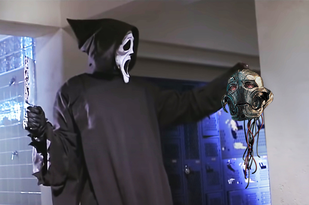 Ghost face from scream holding Ultron's dismembered head