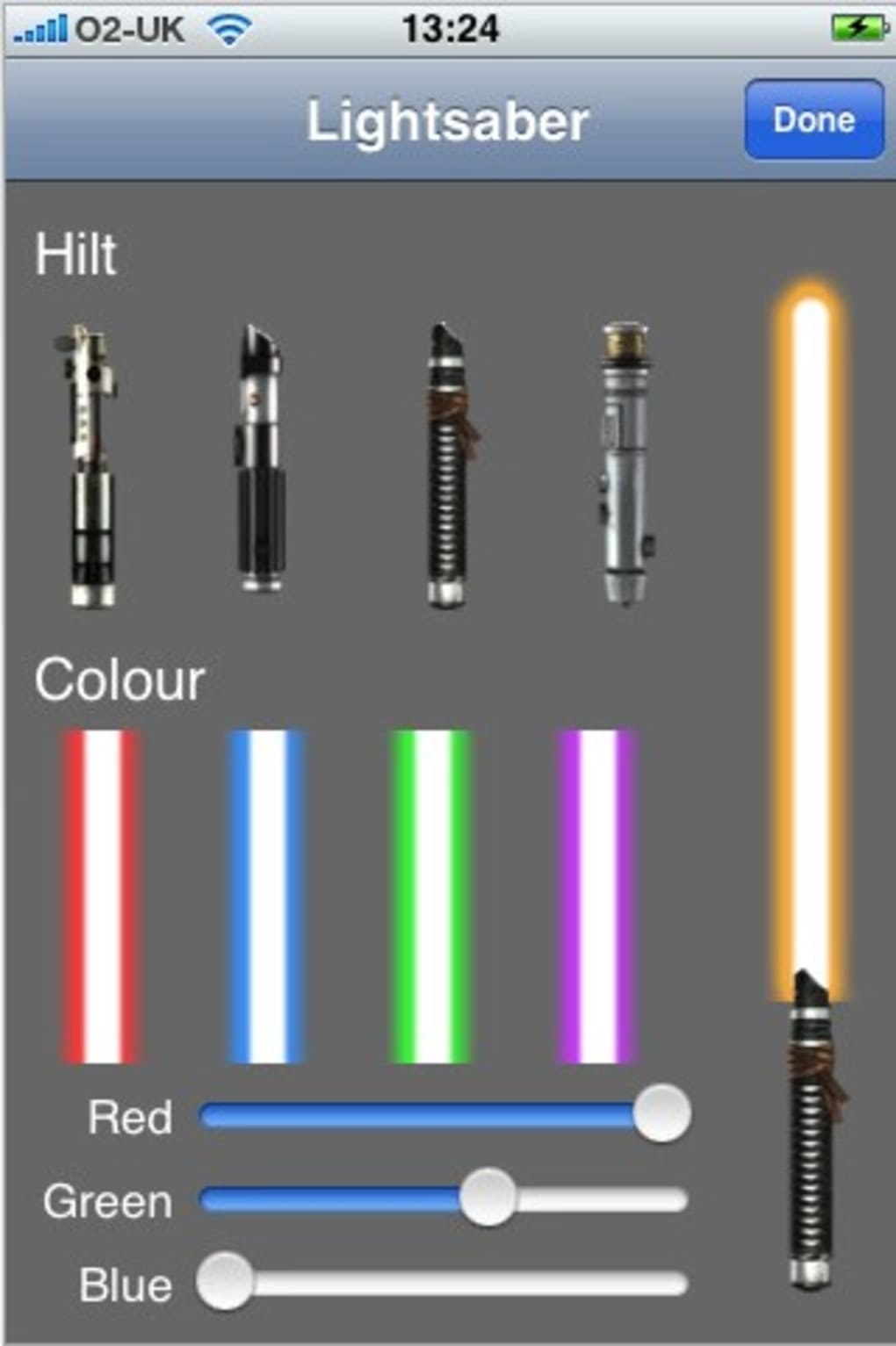 Screenshot of Lightsaber app section that allowed you to customize your own lightsaber