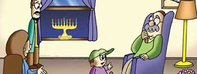  Benny with Zaidy, his mom, and his dad sitting next to the menorah and chatting 