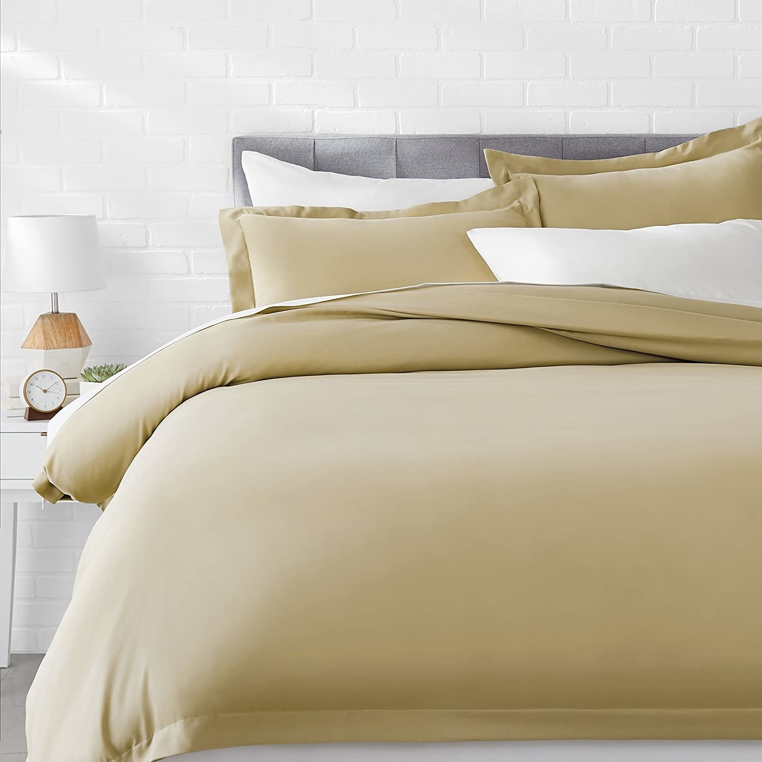A beige duvet cover on a bed