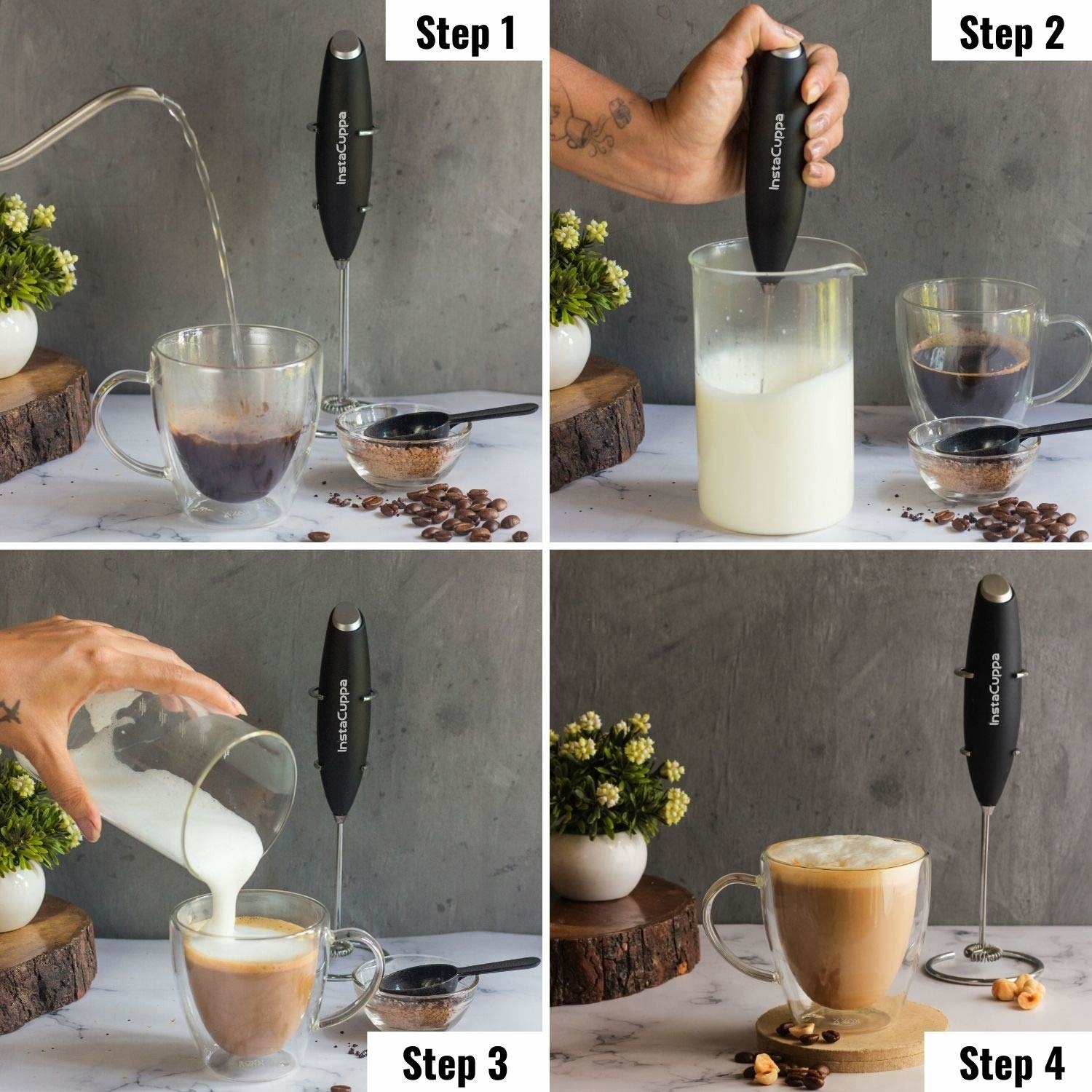 Steps displaying how to use the milk frother 