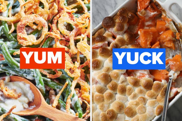 A dish of green beans with the caption, "Yum," next to an image of sweet potato casserole with the caption, "Yuck."