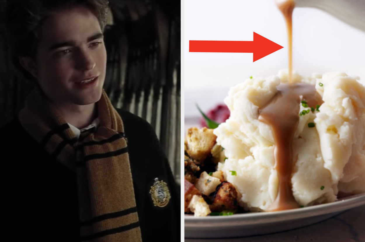 Cedric Diggory next to an image of mashed potatoes with gravy being drizzled on top