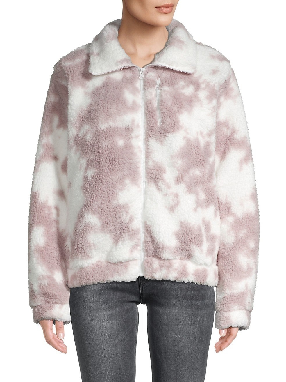 Model in the hip-length pink and white tie dye zip-front jacket