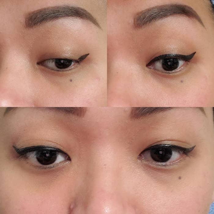 Step by step progression of a reviewer stamping the wings on the outer corner of their eye and then connecting the liner to the inner corner