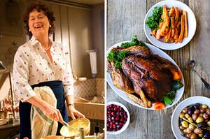 Meryl Streep is on the left mixing food with a plate of Thanksgiving food on the right