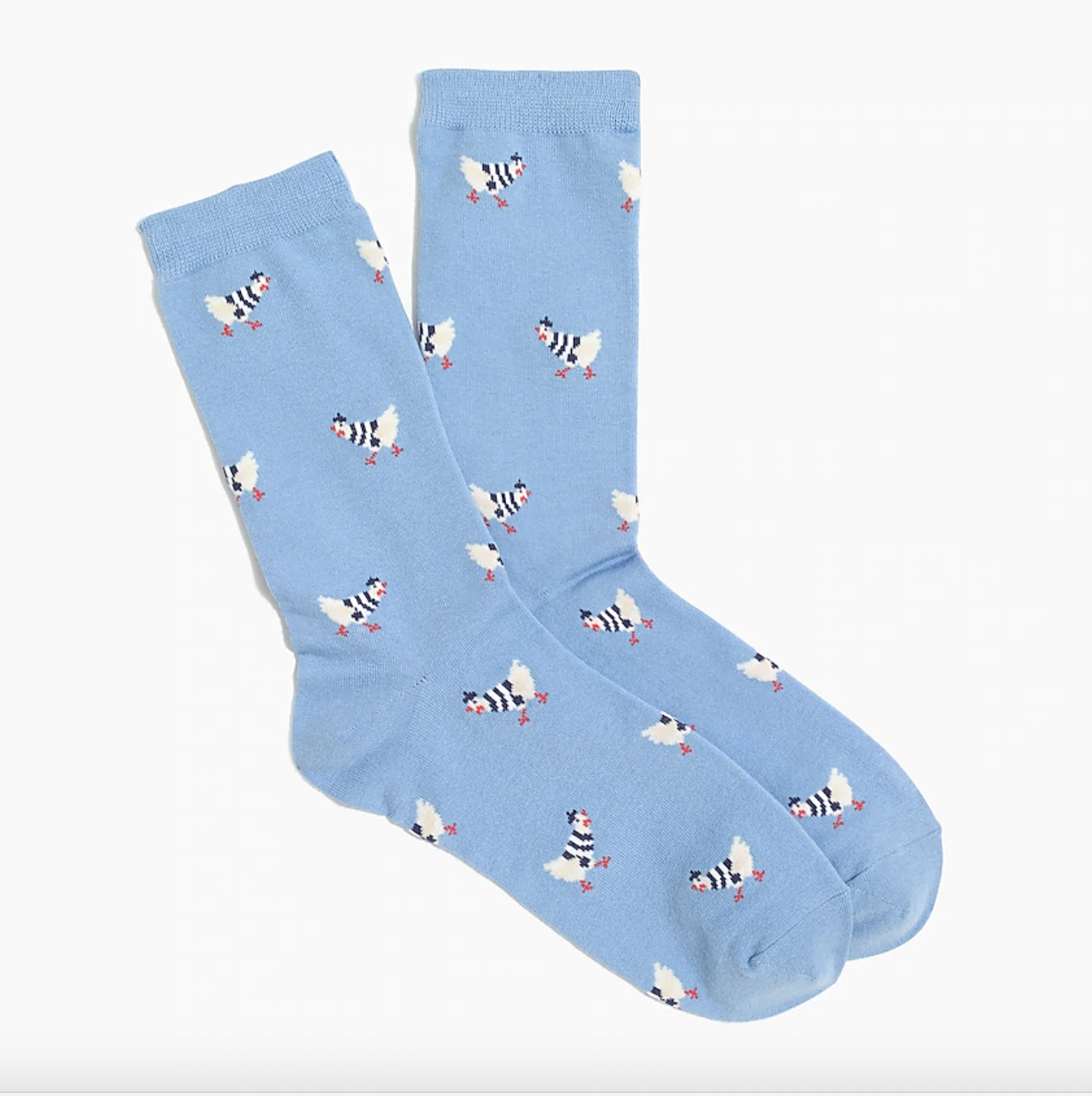 the pale blue socks, decorated with French hens wearing berets 