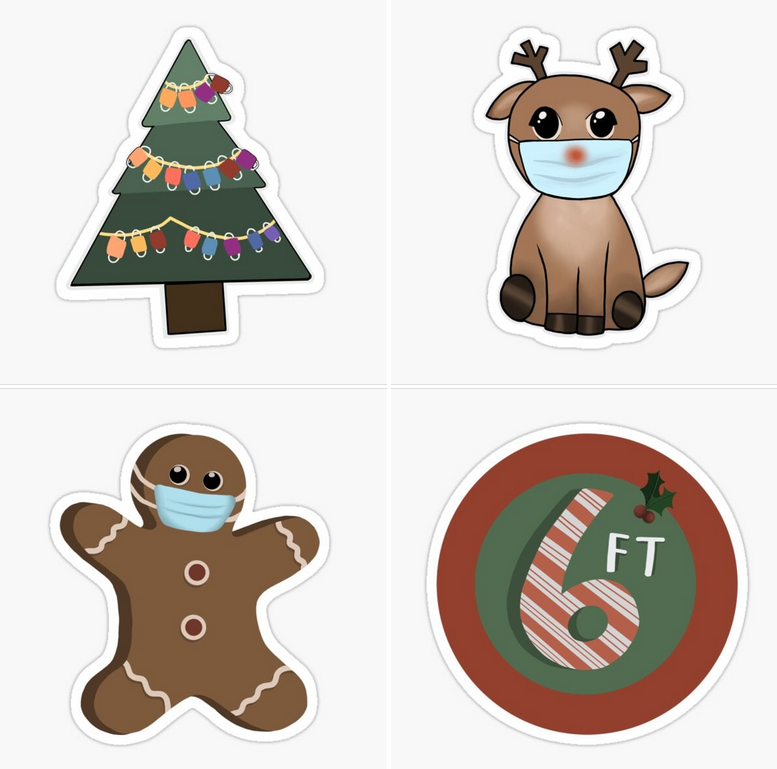 the sticker set, which includes a gingerbread man and reindeer wearing masks, a 6 ft apart sticker, and a Christmas tree