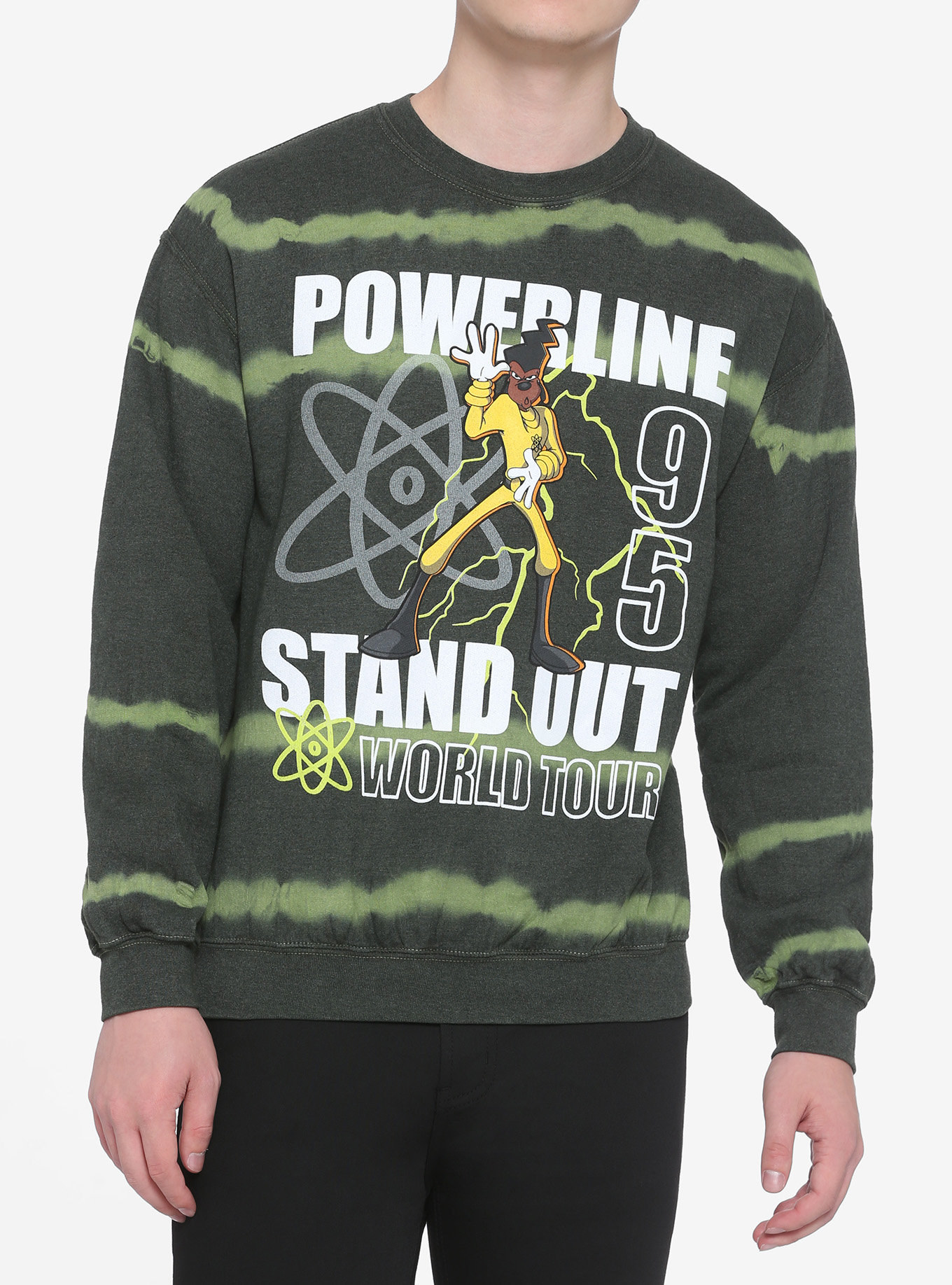 a model in a green sweatshirt with a graphic featuring powerline from a goofy movie