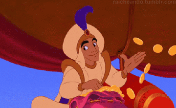 a gif of aladdin throwing coins to the crowd