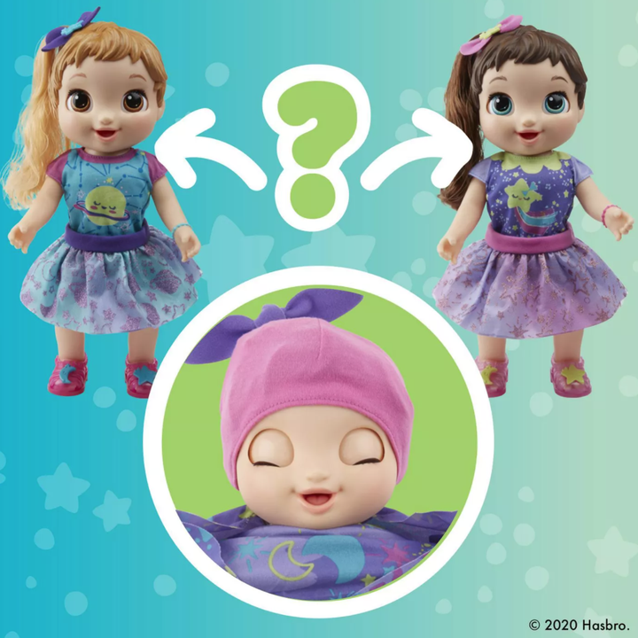 a graphic showing the two full grown versions of the doll with blonde or brown hair