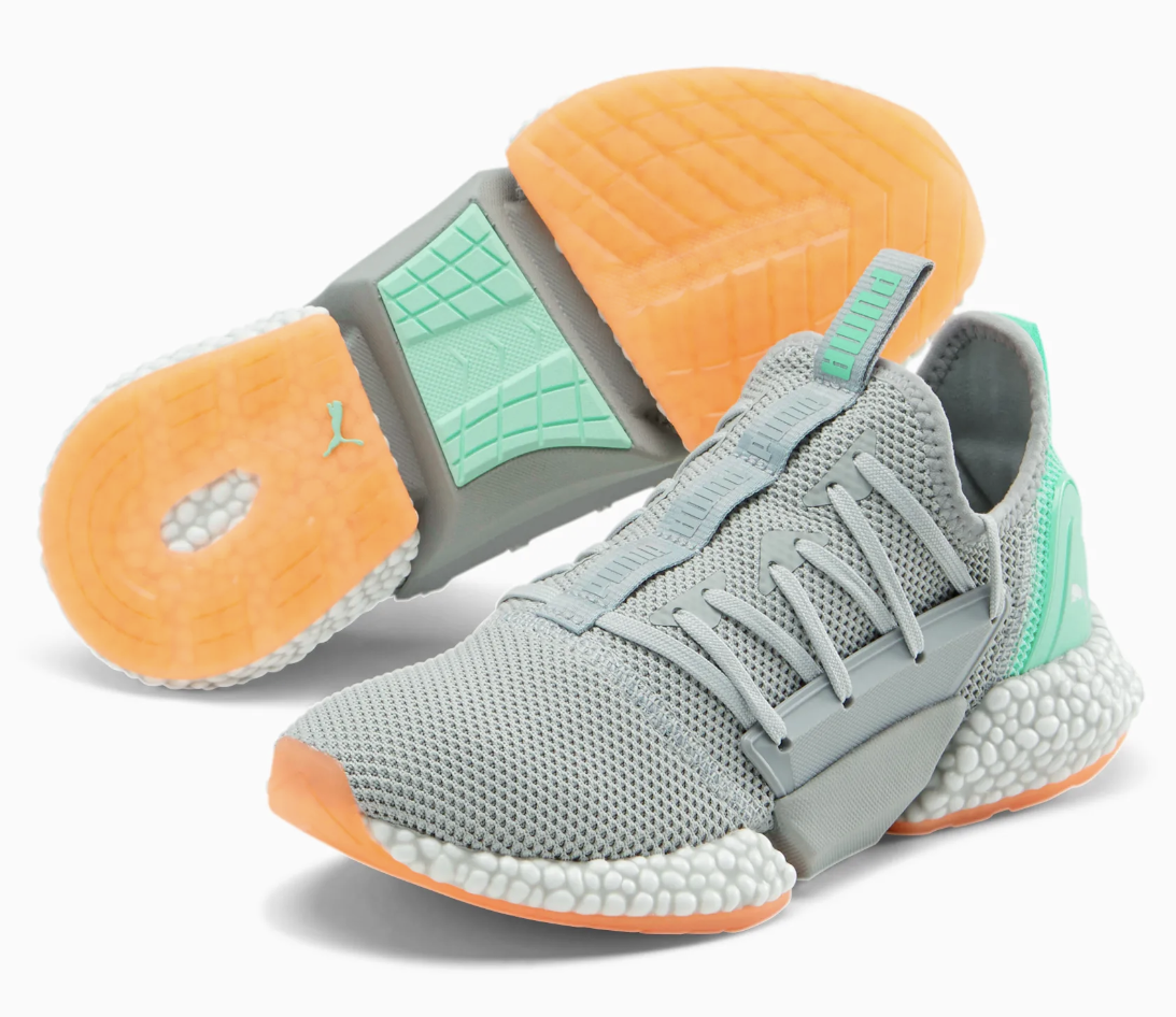 the sneakers in green, orange, and white