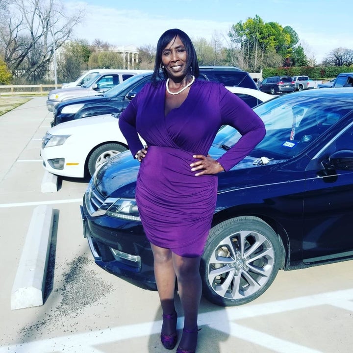 A different reviewer wearing the dress in purple
