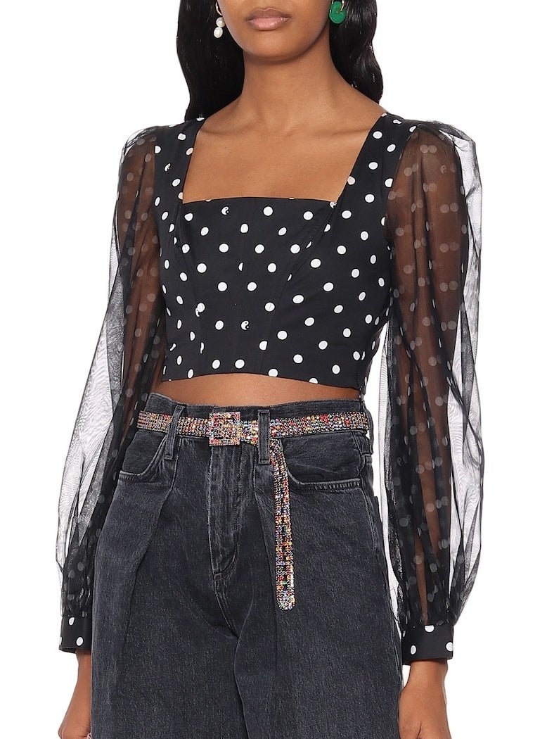 model wearing the polka dot top