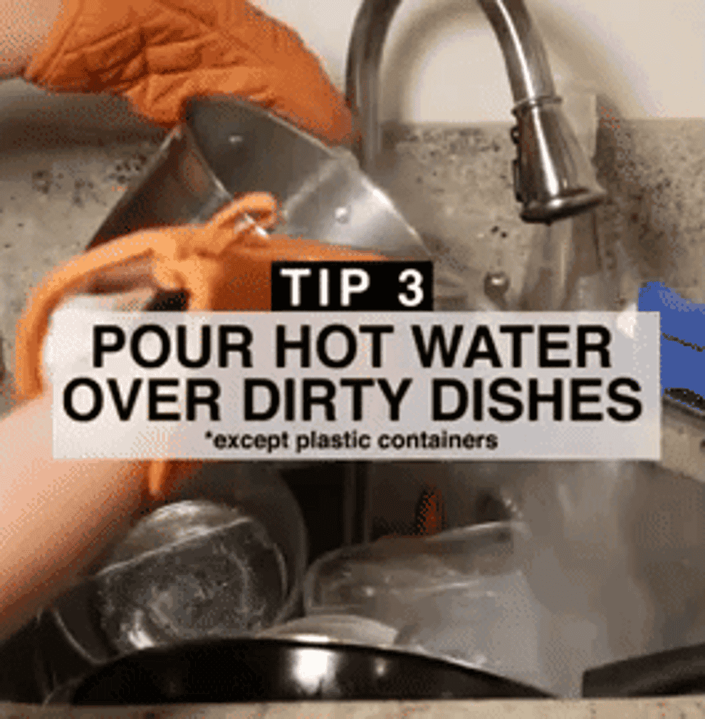 Gif of person pouring hot water over dishes 
